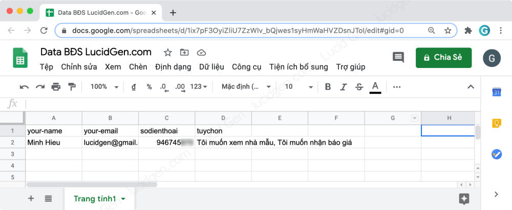 Kết quả hiện về google sheet khi cấu hình contact form 7