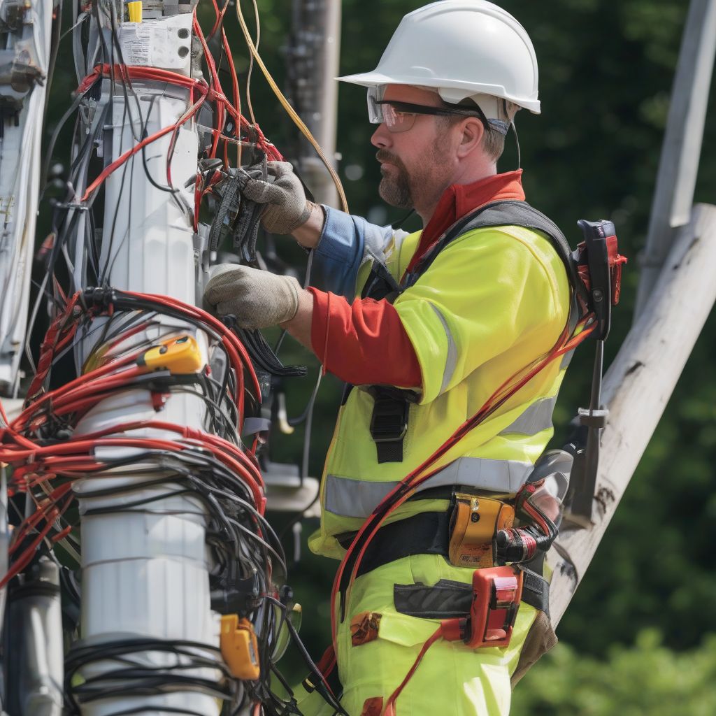 A Verizon field technician working on installing fiber optic cables on a utility pole.