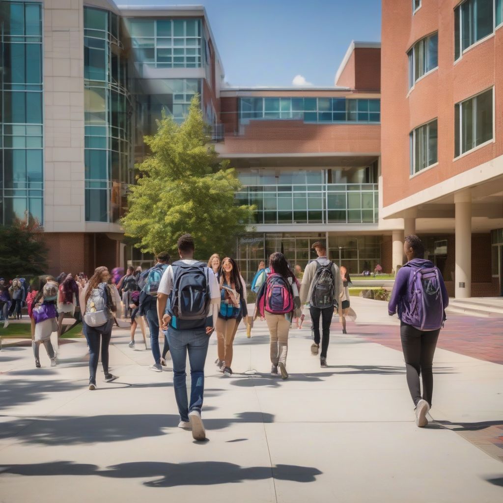 Modern college campus with students walking and studying.