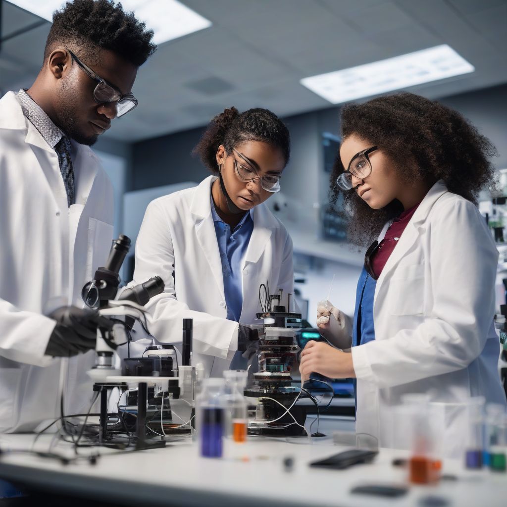 Students working on a project in a science lab with modern equipment.